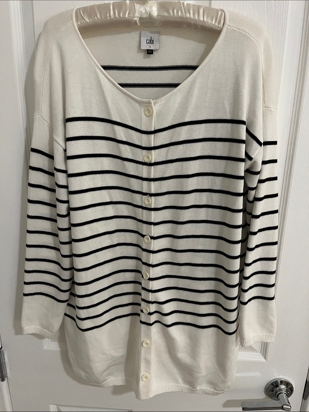 CAbi Ivory and Black Striped Button-Front Cardigan